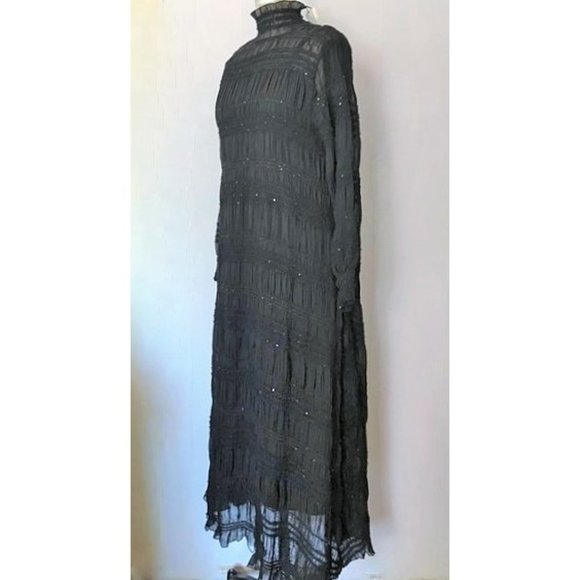 ZARA BLACK RUCHED SEQUIN HIGH NECK LONG SLEEVE MAXI DRESS S NWT - Picture 4 of 13